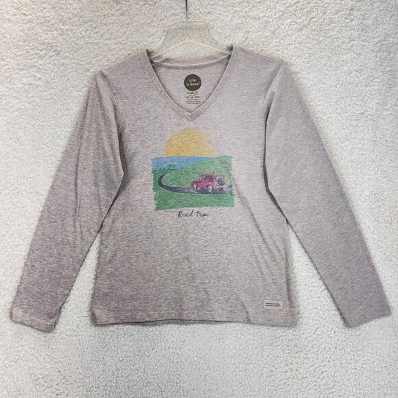 Life Is Good Crusher Tee Classic Fit Women XS Brown Long Sleeve V-Neck Road Trip - Picture 1 of 12